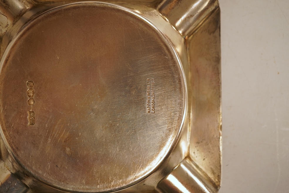 A heavy square engine-turned silver ashtray, by Mappin & Webb, Sheffield, 1964, 99mm, 6oz.